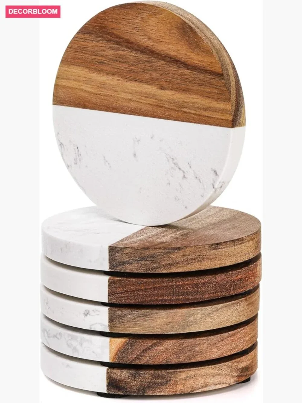 6 Pack Marble Wood Coasters, Round Coasters Set for Drinks, Tea, Coffee, Wine,